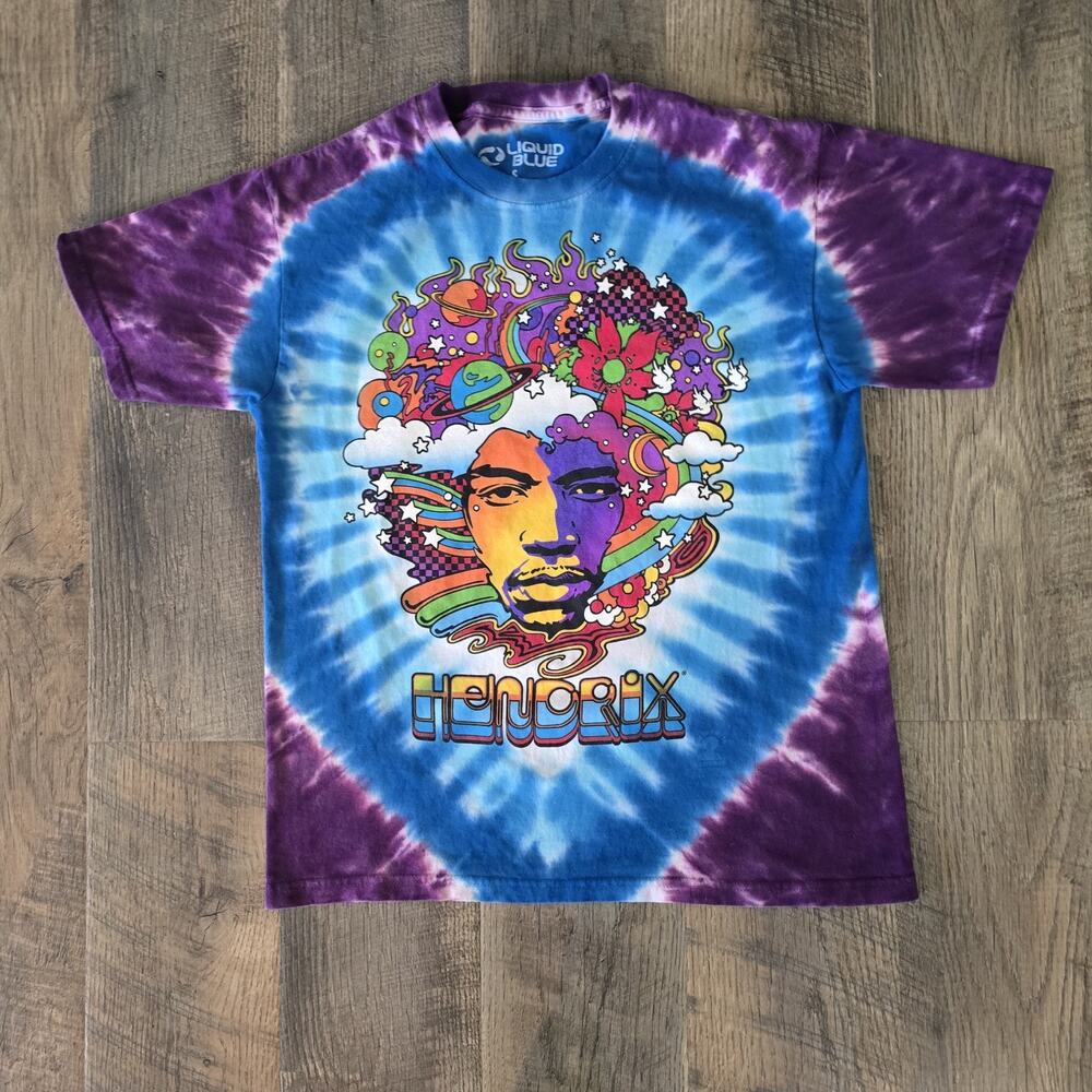 Liquid Blue Jimi Hendrix Tie Dye Graphic T-Shirt Purple Blue Psychedelic Small